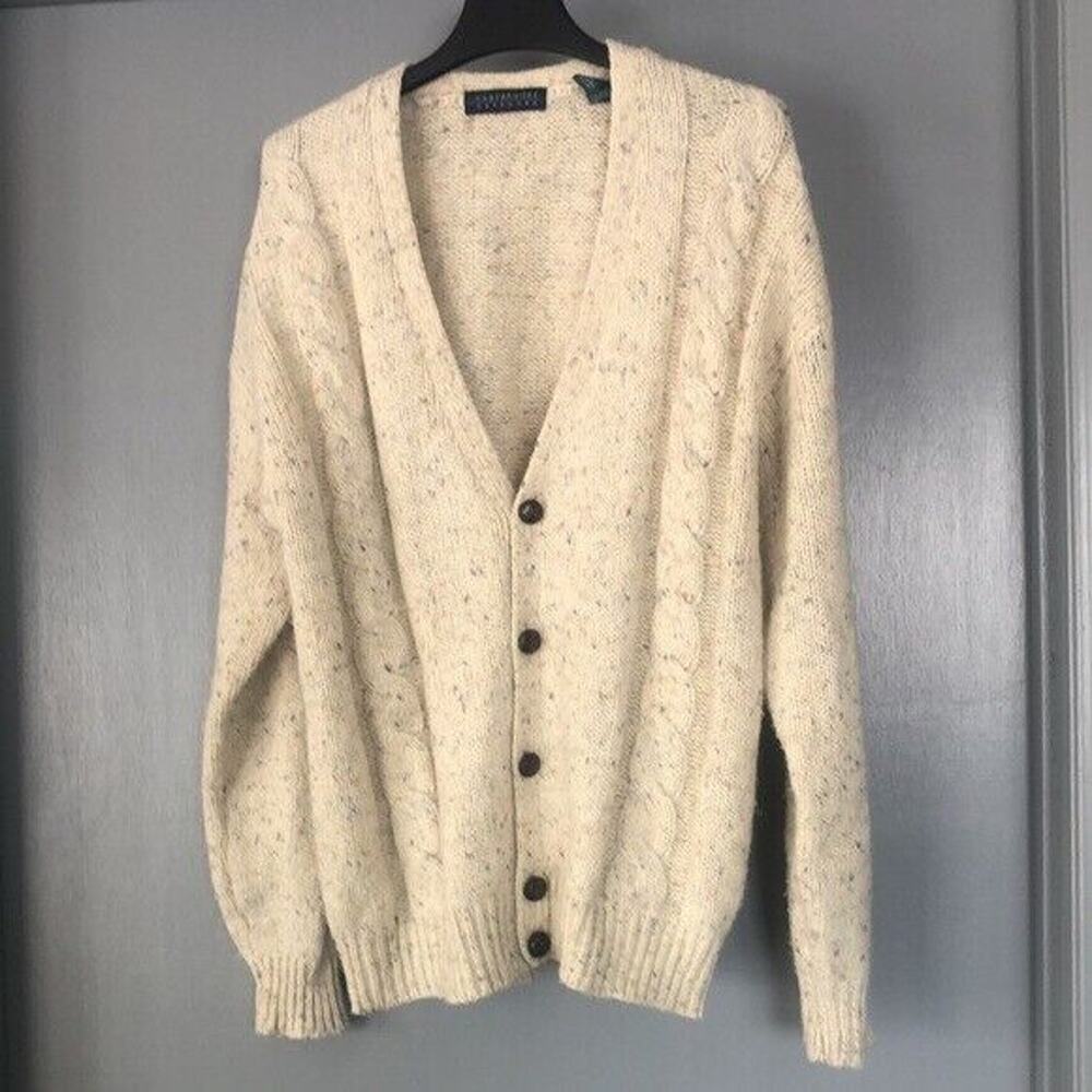 Claybrooke Outdoors Mens Sweater Cardigan L Ivory Wool Blend Cable Knit Buttons